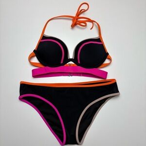Victoria’s Secret Bikini Set, Black Neon Pink Orange, Size S, Push Up Halter Top